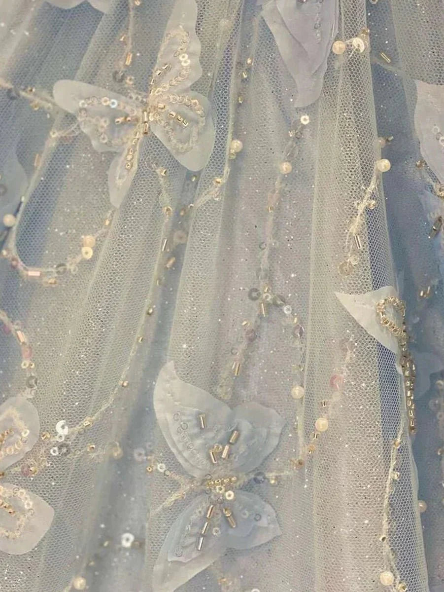 A Line Off the Shoulder Corset Beaded Lace Satin Sky Blue Prom Dress