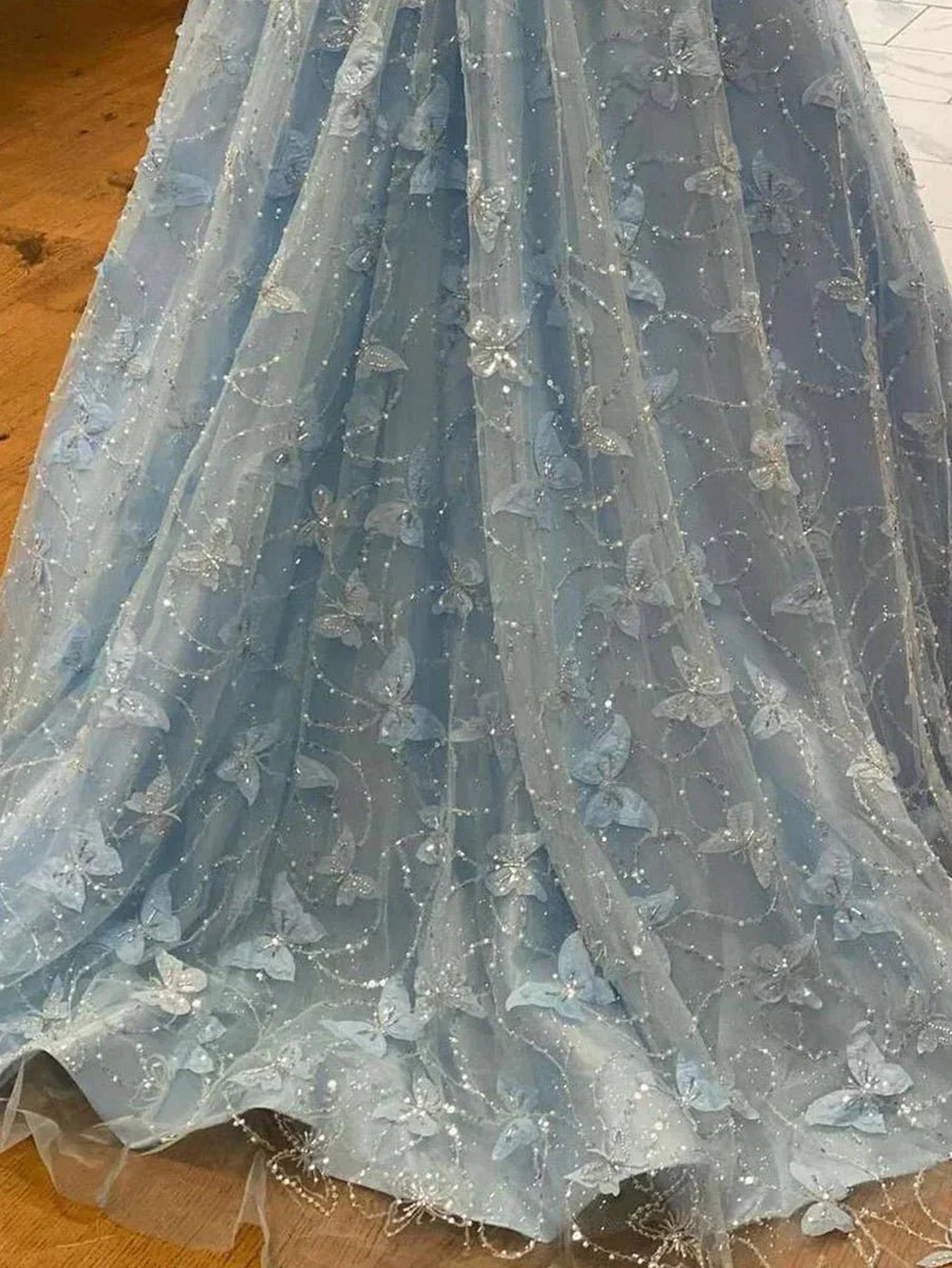 A Line Off the Shoulder Corset Beaded Lace Satin Sky Blue Prom Dress
