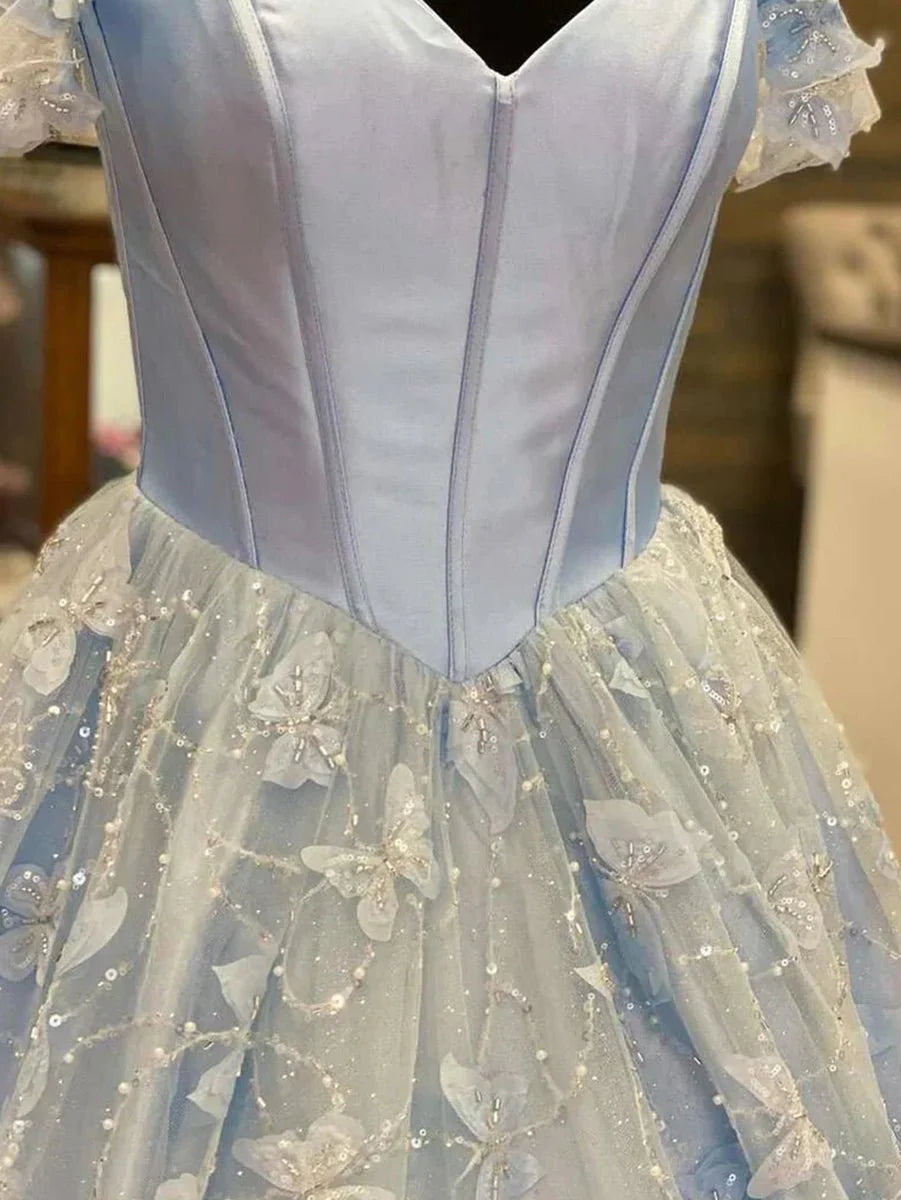 A Line Off the Shoulder Corset Beaded Lace Satin Sky Blue Prom Dress