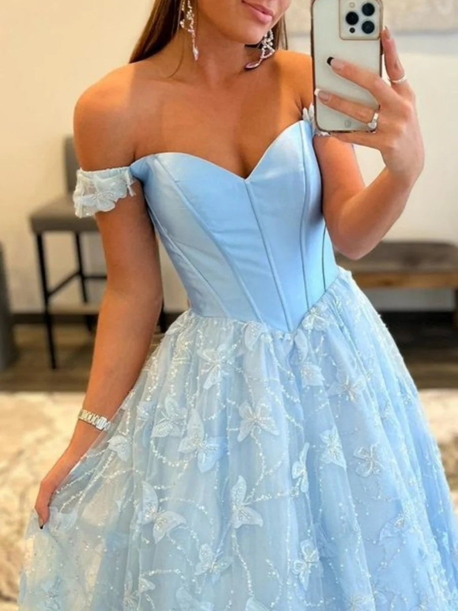 A Line Off the Shoulder Corset Beaded Lace Satin Sky Blue Prom Dress