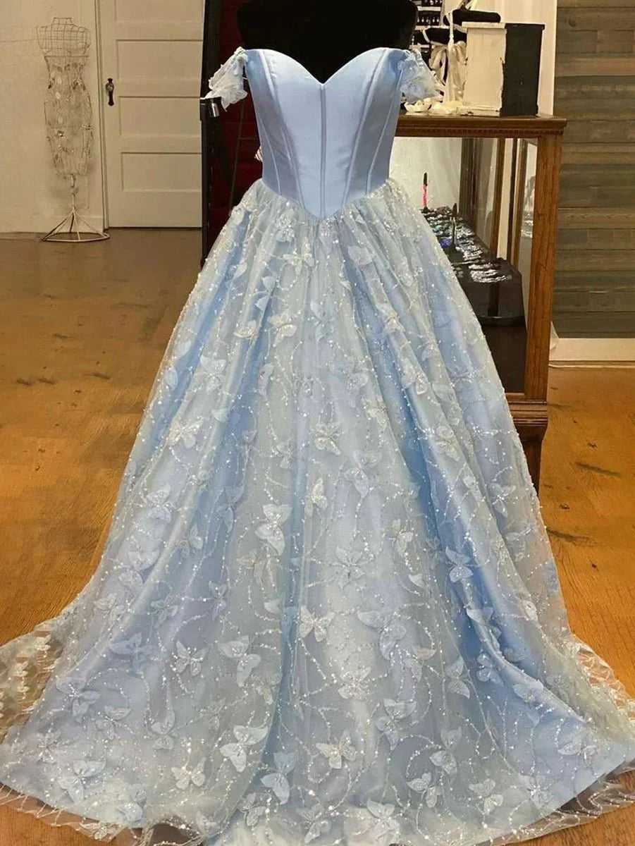 A Line Off the Shoulder Corset Beaded Lace Satin Sky Blue Prom Dress