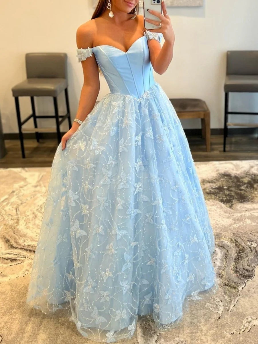 A Line Off the Shoulder Corset Beaded Lace Satin Sky Blue Prom Dress