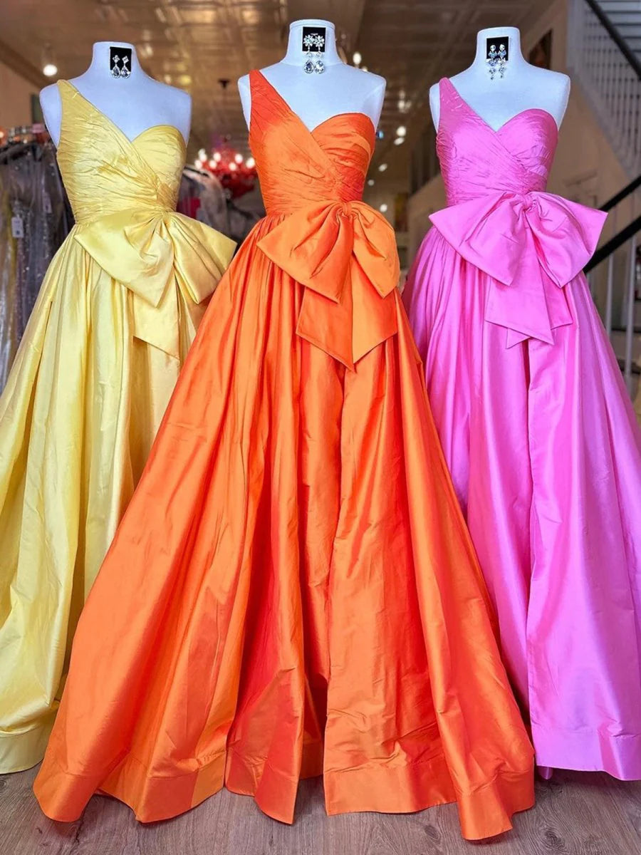 A Line Orange Satin One Shoulder Sleeveless Pleated Sweep Train Prom Dress With Bow Discount Long Party Dress
