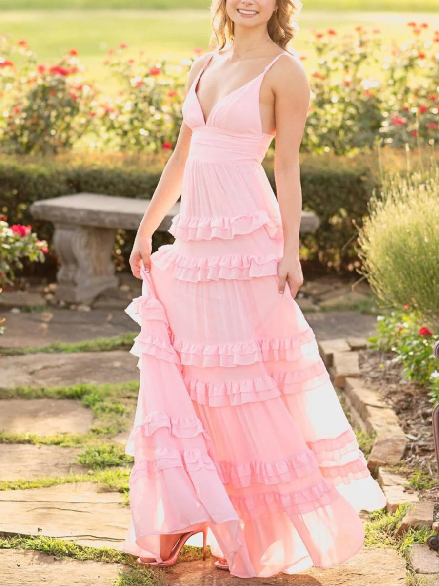 A Line Pink Chiffon V Neck Spaghetti Straps Tiered Ruffles Long Prom Dress Discount Long Party Dresses