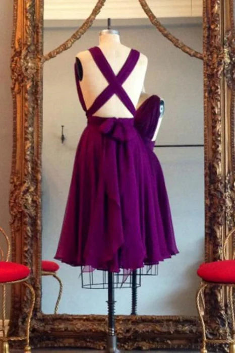 A Line  Purple Chiffon Deep V Neck Sleeveless Bridesmaid Dress Knee Length Homecoming Dresses