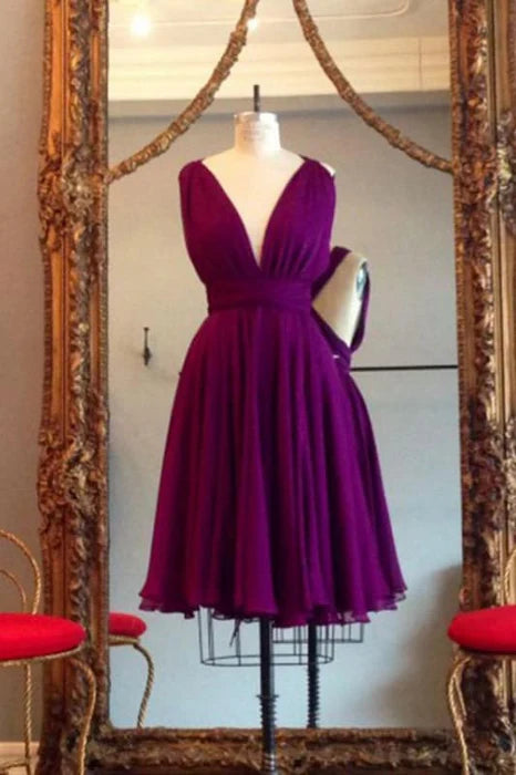 A Line  Purple Chiffon Deep V Neck Sleeveless Bridesmaid Dress Knee Length Homecoming Dresses