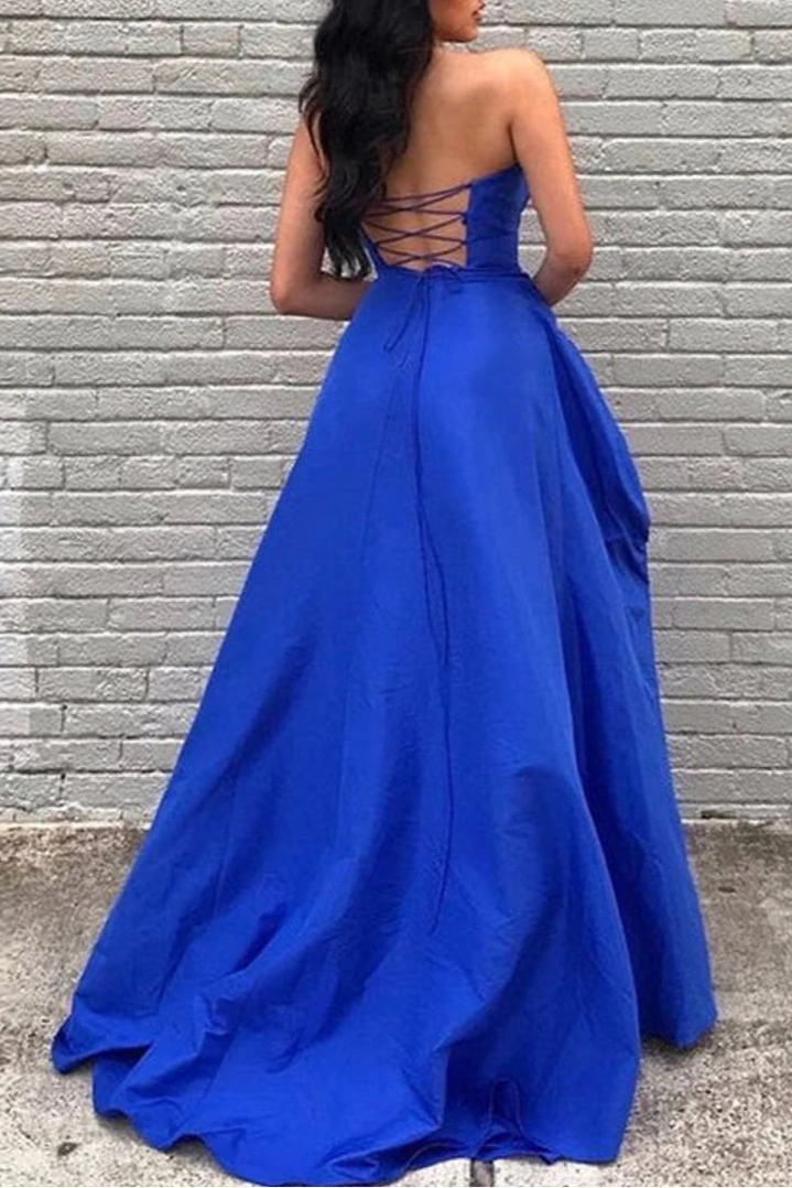 A Line Royal Blue Satin Sweetheart Floor Length Prom Dresses With Slit Discount Satin Party Dresses
