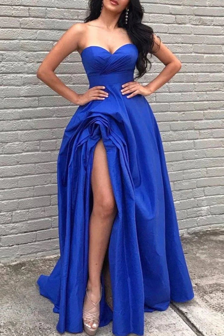 A Line Royal Blue Satin Sweetheart Floor Length Prom Dresses With Slit Discount Satin Party Dresses