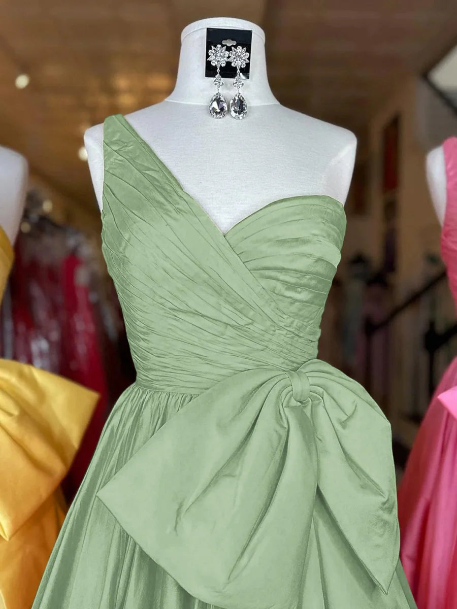 A Line Satin One Shoulder Sleeveless Pleated Sweep Train Prom Dress With Bow Discount Long Party Dress