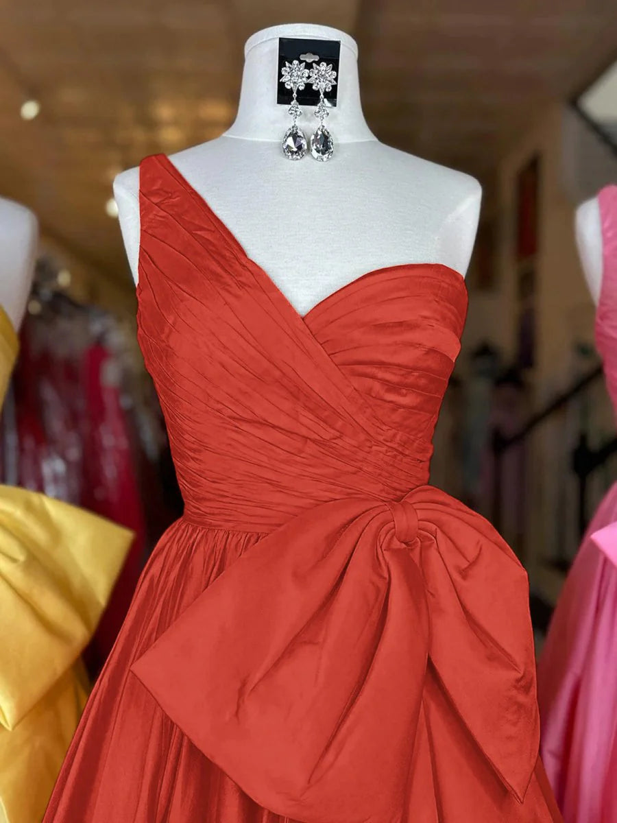 A Line Satin One Shoulder Sleeveless Pleated Sweep Train Prom Dress With Bow Discount Long Party Dress
