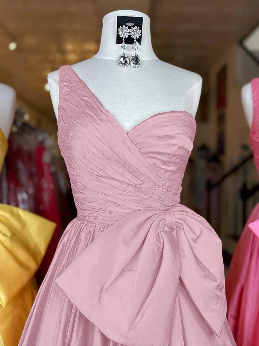 A Line Satin One Shoulder Sleeveless Pleated Sweep Train Prom Dress With Bow Discount Long Party Dress