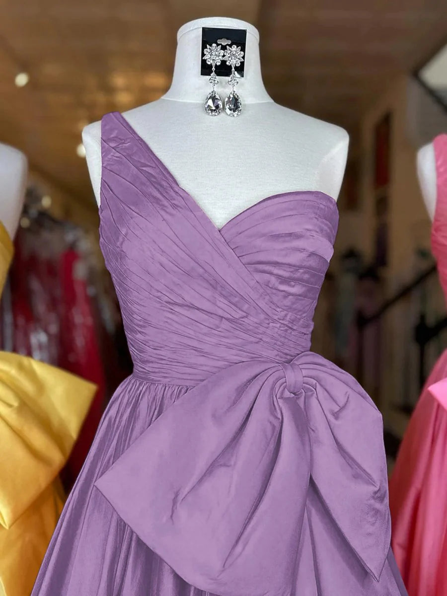 A Line Satin One Shoulder Sleeveless Pleated Sweep Train Prom Dress With Bow Discount Long Party Dress