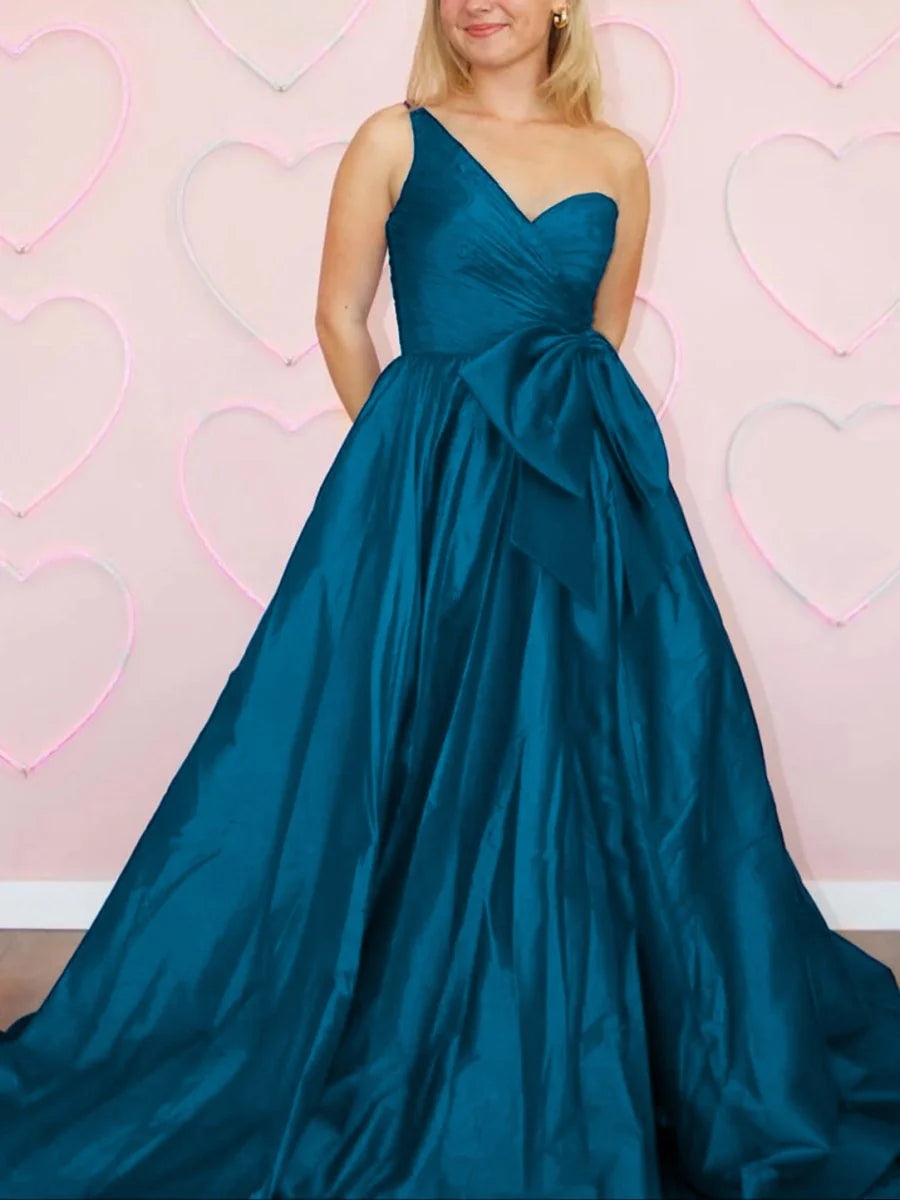 A Line Satin One Shoulder Sleeveless Pleated Sweep Train Prom Dress With Bow Discount Long Party Dress