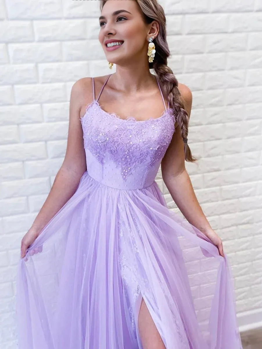 A Line Scoop Neck Applique Backless Tulle Purple Long Prom Dress