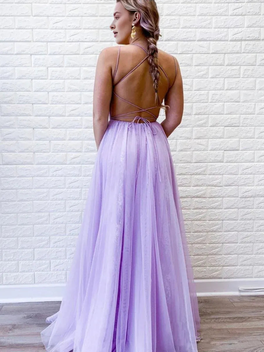 A Line Scoop Neck Applique Backless Tulle Purple Long Prom Dress