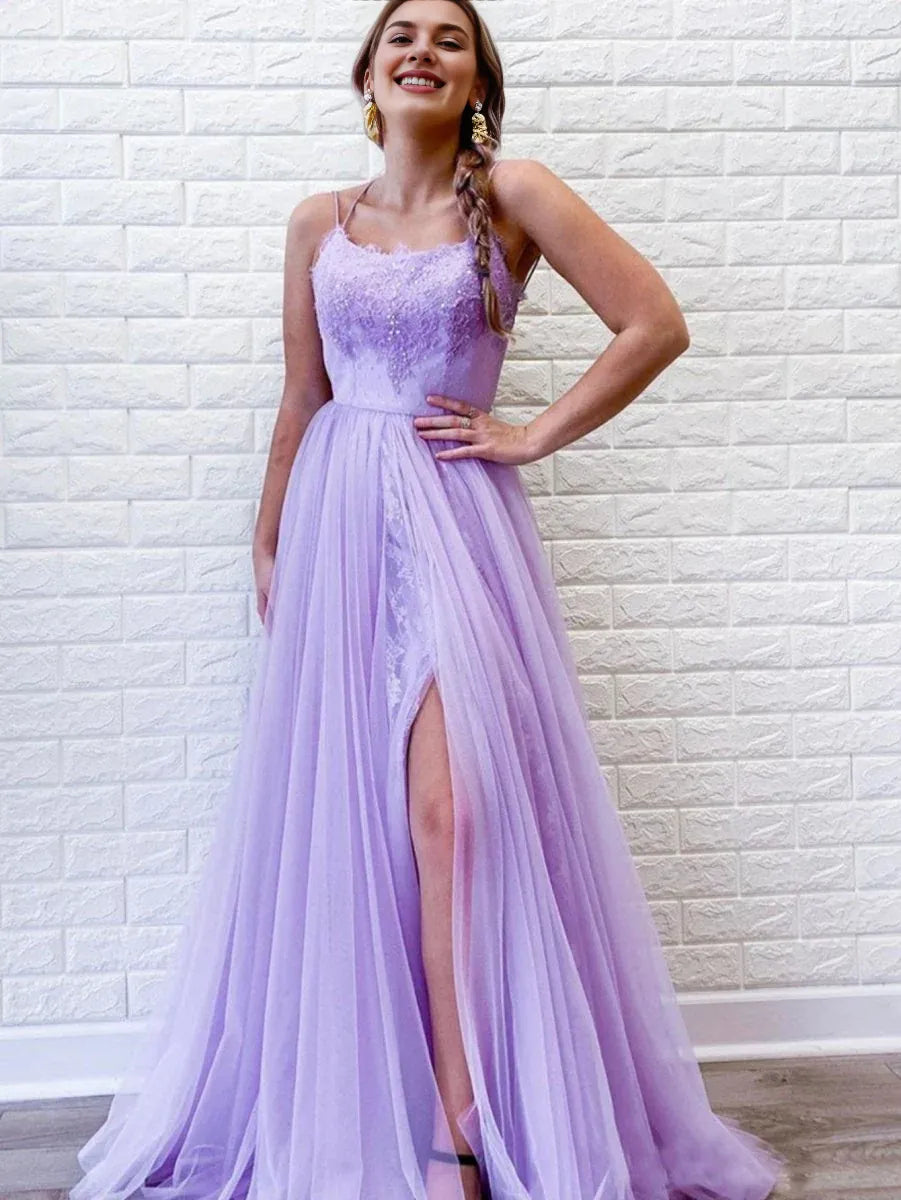 A Line Scoop Neck Applique Backless Tulle Purple Long Prom Dress