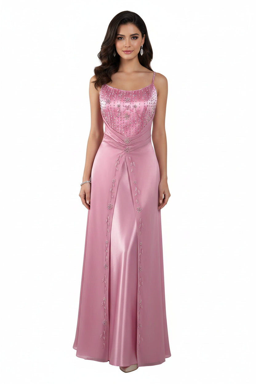 A Line Spaghetti Strap Beaded Satin Light Pink Floor Length Prom Dress Custom