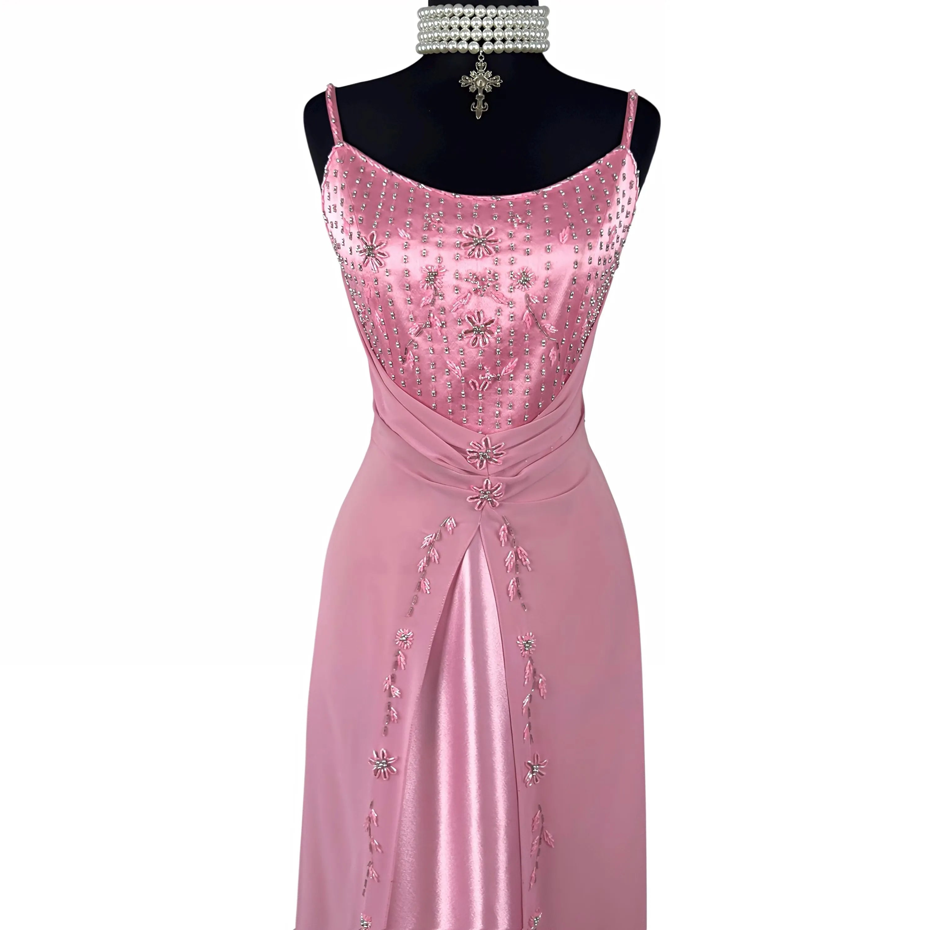 A Line Spaghetti Strap Beaded Satin Light Pink Floor Length Prom Dress Custom