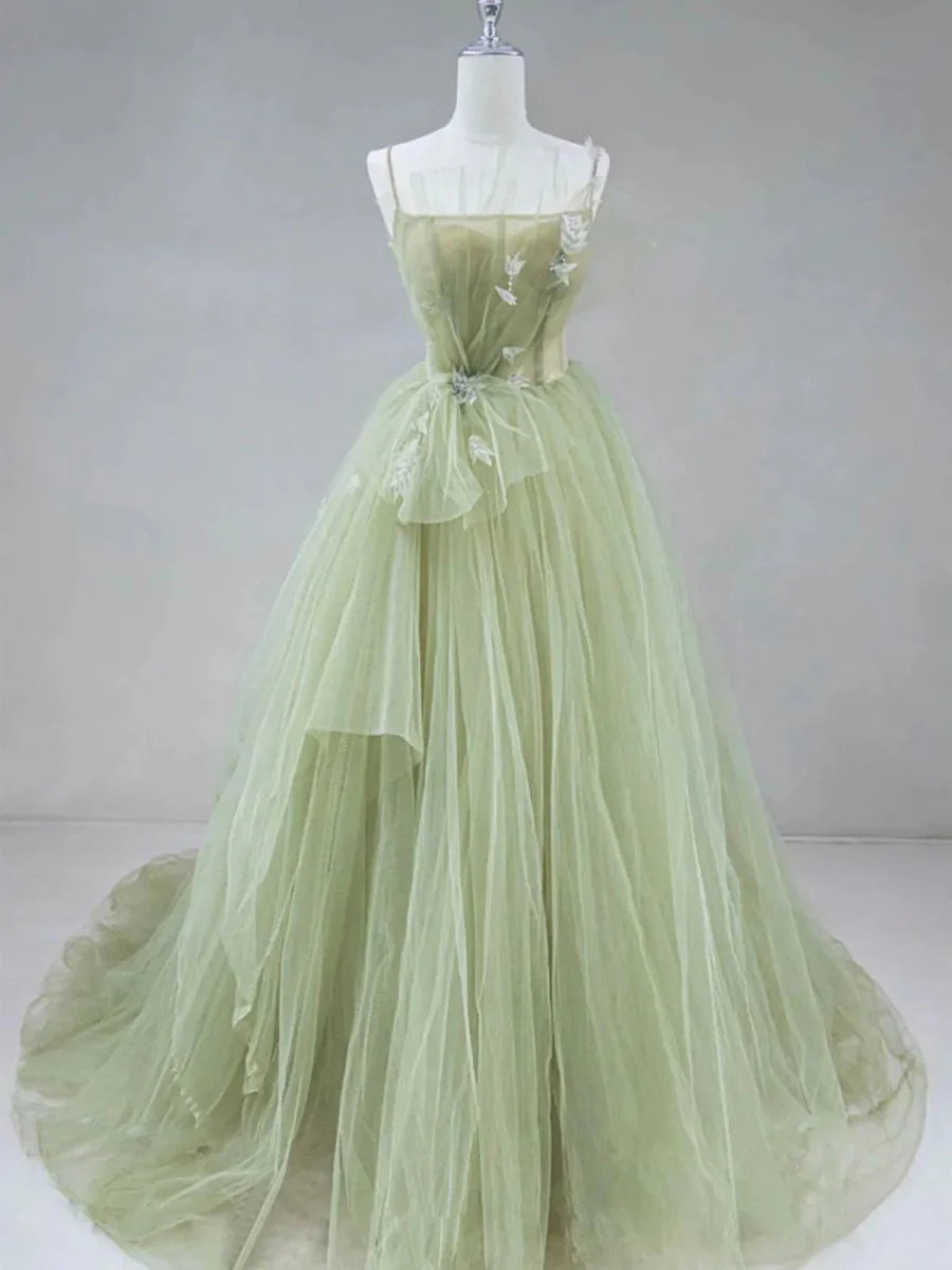 A Line Spaghetti Straps Corset Tulle Sage Green Prom Dress With Chapel Train