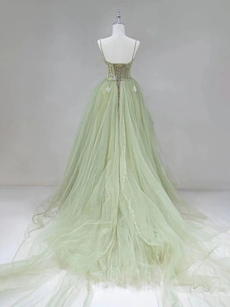 A Line Spaghetti Straps Corset Tulle Sage Green Prom Dress With Chapel Train