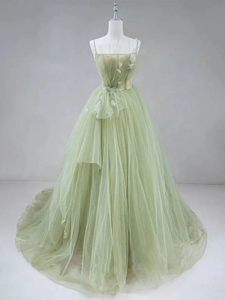 A Line Spaghetti Straps Corset Tulle Sage Green Prom Dress With Chapel Train