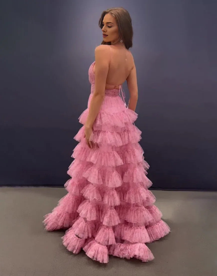 A Line Spaghetti Straps Open Back Tiered Floral Pink Long Prom Dress