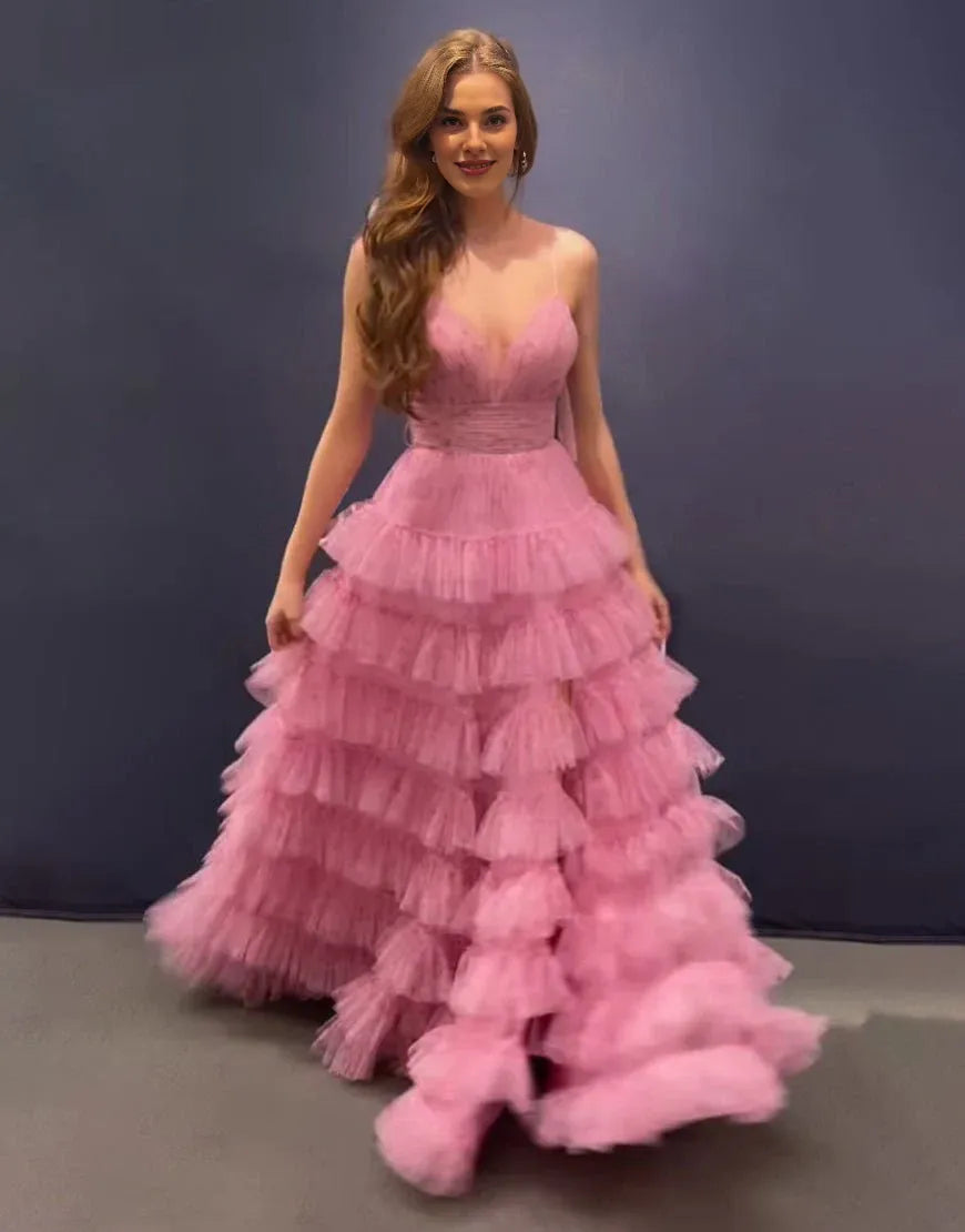 A Line Spaghetti Straps Open Back Tiered Floral Pink Long Prom Dress