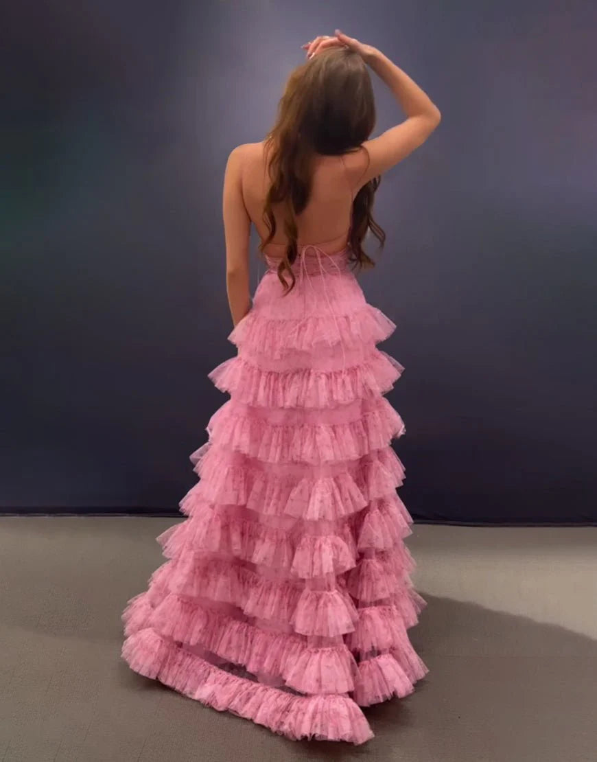 A Line Spaghetti Straps Open Back Tiered Floral Pink Long Prom Dress