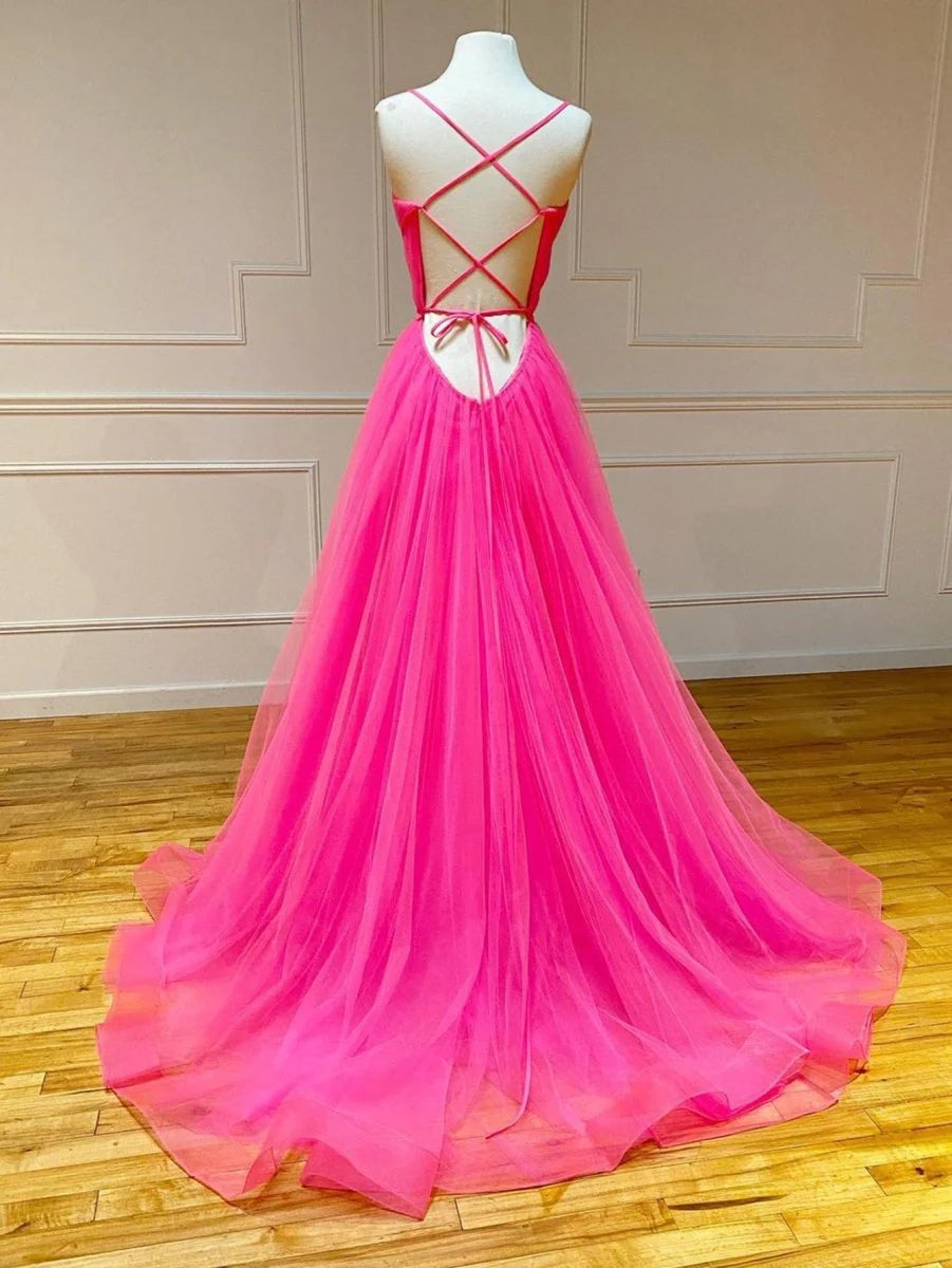 A Line Spaghetti Straps Tie Ruffles Tulle Hot Pink Long Prom Dress