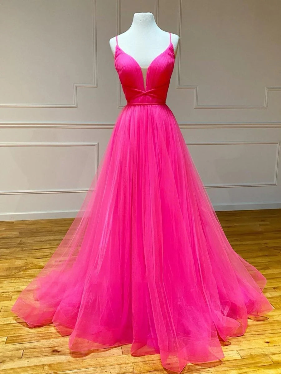 A Line Spaghetti Straps Tie Ruffles Tulle Hot Pink Long Prom Dress