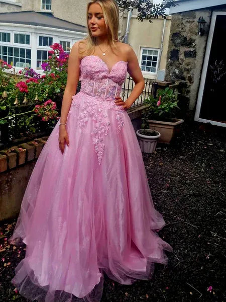 A Line Strapless 3D Floral Lace Tulle Hot Pink Long Prom Dress