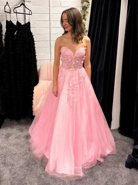 A Line Strapless 3D Floral Lace Tulle Hot Pink Long Prom Dress