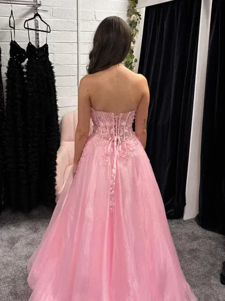 A Line Strapless 3D Floral Lace Tulle Hot Pink Long Prom Dress