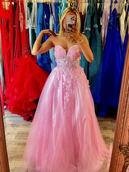 A Line Strapless 3D Floral Lace Tulle Hot Pink Long Prom Dress