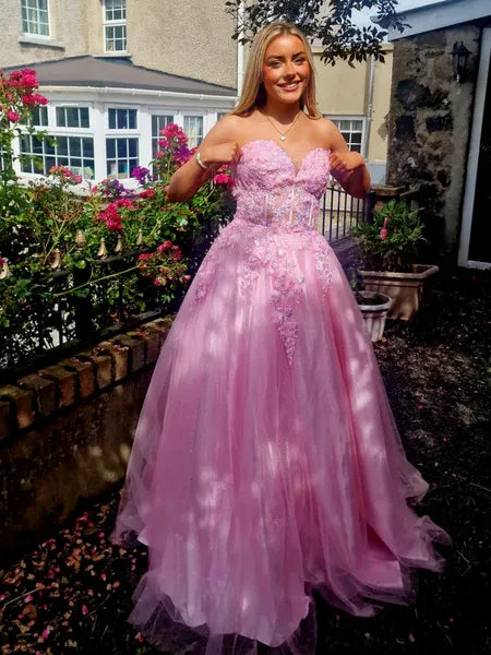 A Line Strapless 3D Floral Lace Tulle Hot Pink Long Prom Dress