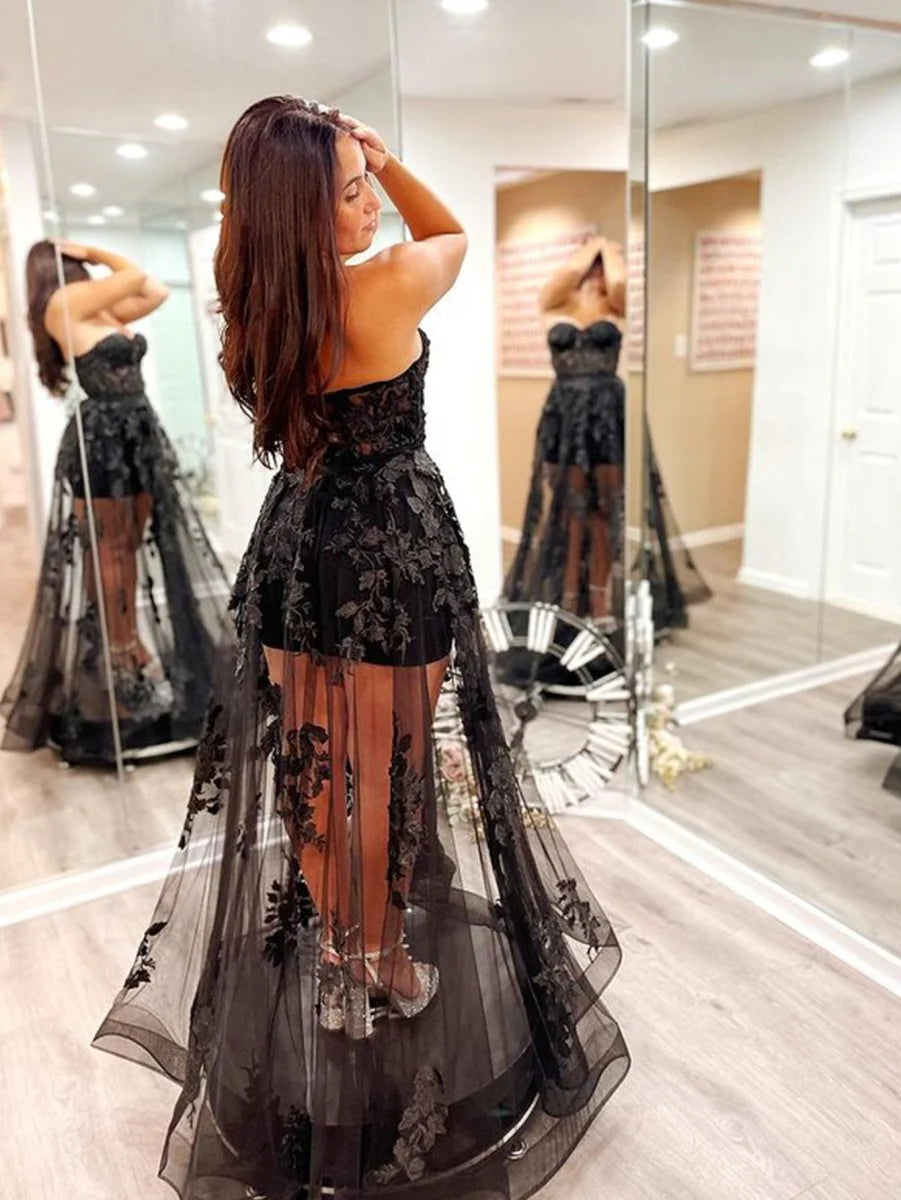 A Line Strapless Corset Lace Applique Tulle Black Floor Length Prom Dress