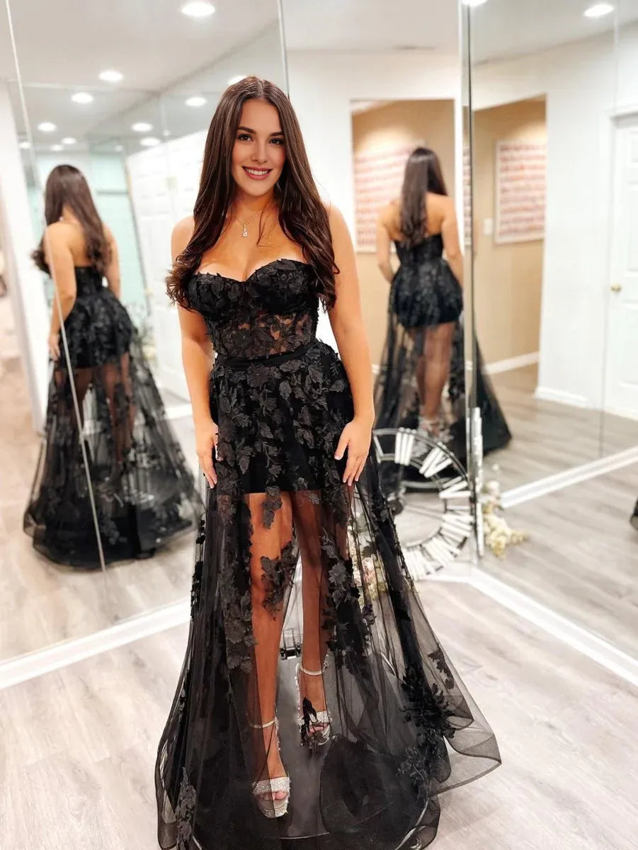 A Line Strapless Corset Lace Applique Tulle Black Floor Length Prom Dress