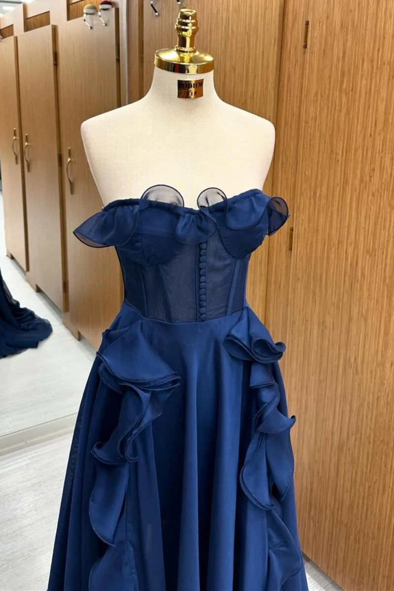 A Line Strapless Corset Ruffle Navy Blue Maxi Prom Dress Hot Sale