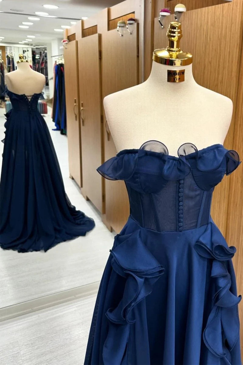 A Line Strapless Corset Ruffle Navy Blue Maxi Prom Dress Hot Sale