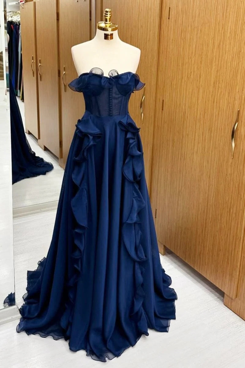 A Line Strapless Corset Ruffle Navy Blue Maxi Prom Dress Hot Sale