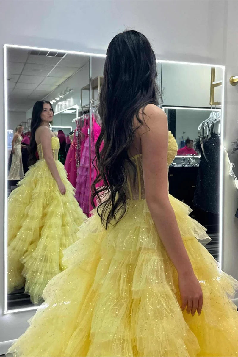 A Line Strapless Corset Ruffled Tiered Glitter Tulle Floor Length Prom Dress