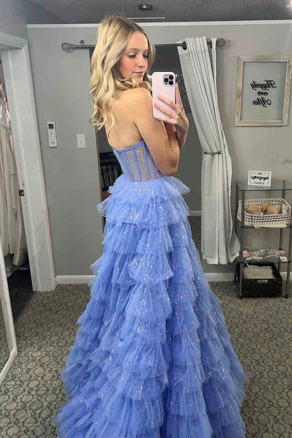 A Line Strapless Corset Ruffled Tiered Glitter Tulle Floor Length Prom Dress