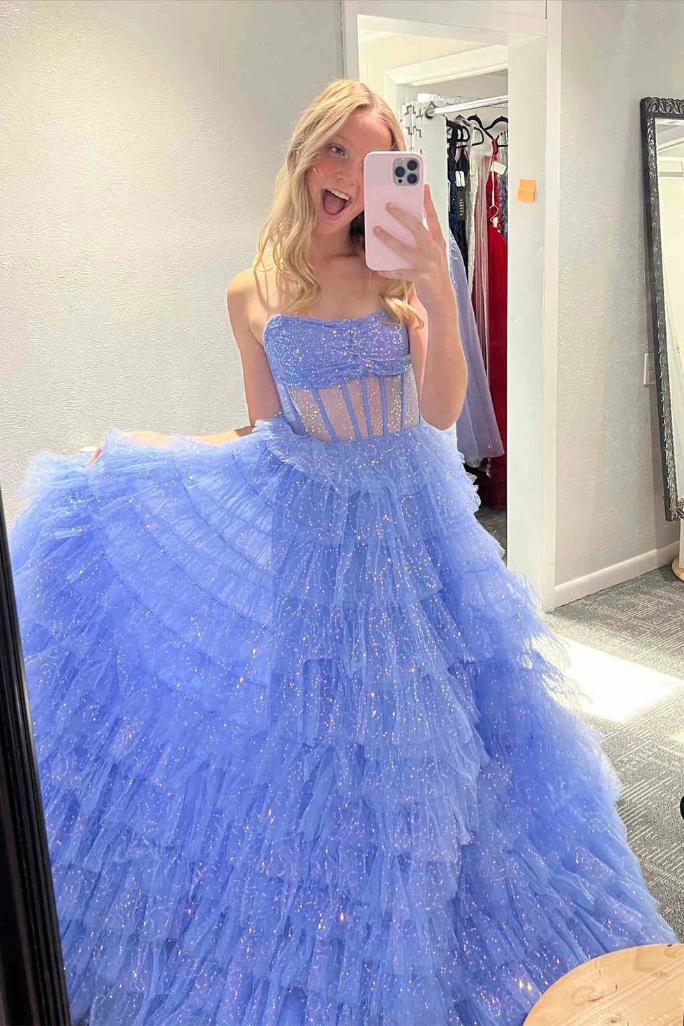 A Line Strapless Corset Ruffled Tiered Glitter Tulle Floor Length Prom Dress