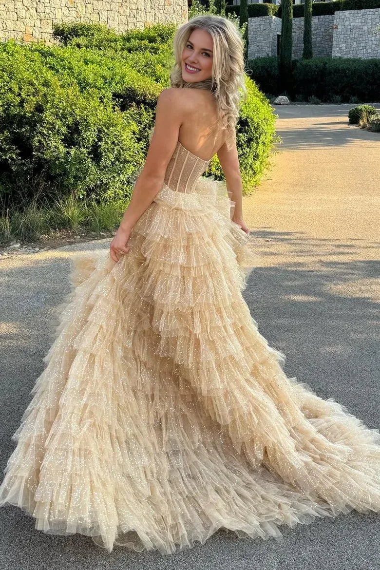 A Line Strapless Corset Ruffled Tiered Glitter Tulle Floor Length Prom Dress