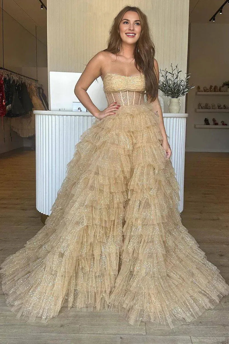 A Line Strapless Corset Ruffled Tiered Glitter Tulle Floor Length Prom Dress