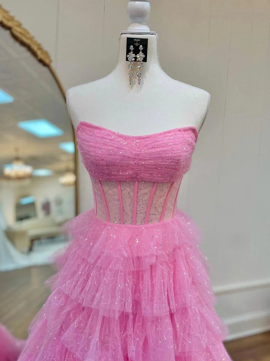 A Line Strapless Corset Ruffled Tiered Glitter Tulle Floor Length Prom Dress