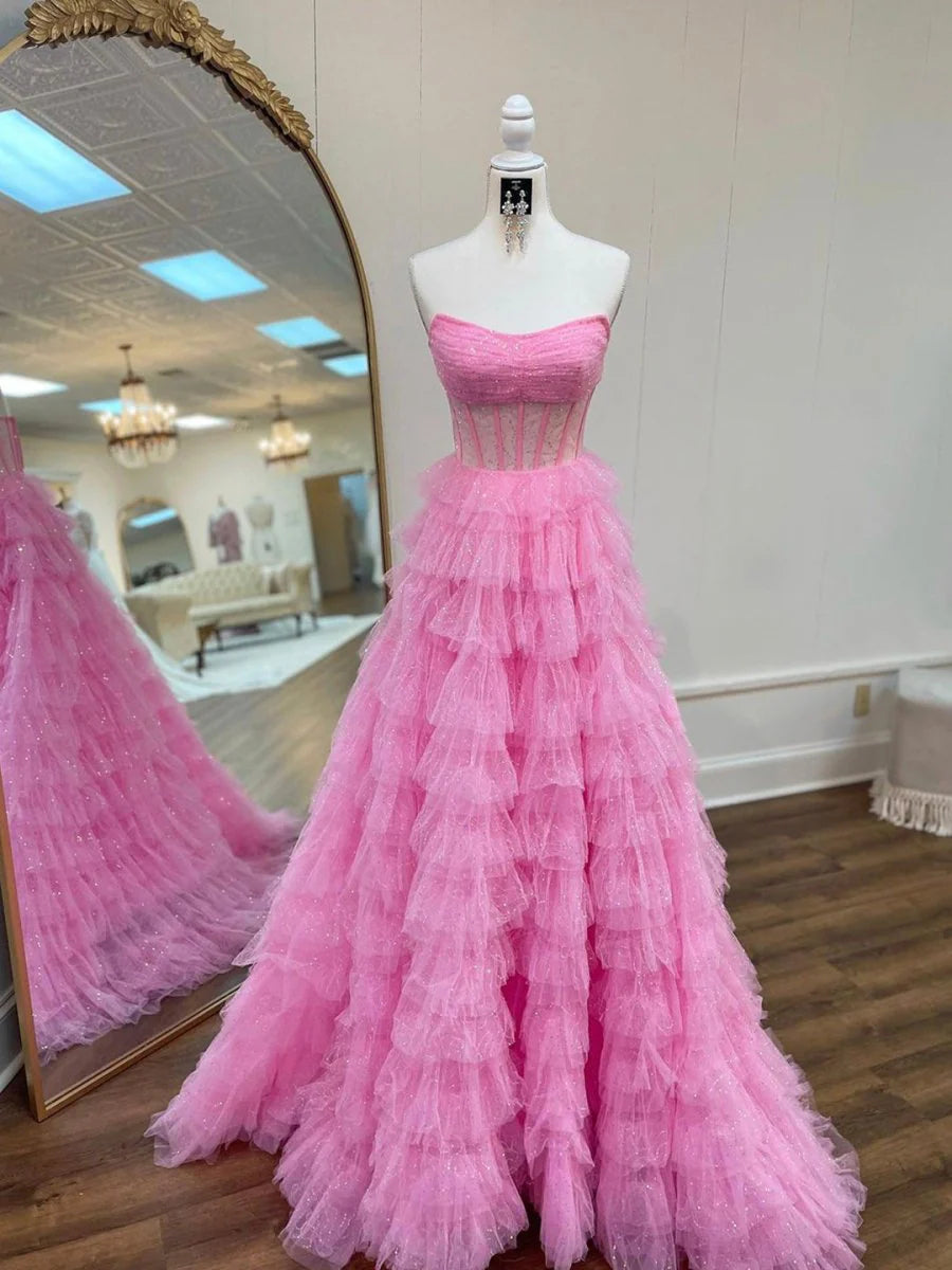 A Line Strapless Corset Ruffled Tiered Glitter Tulle Floor Length Prom Dress