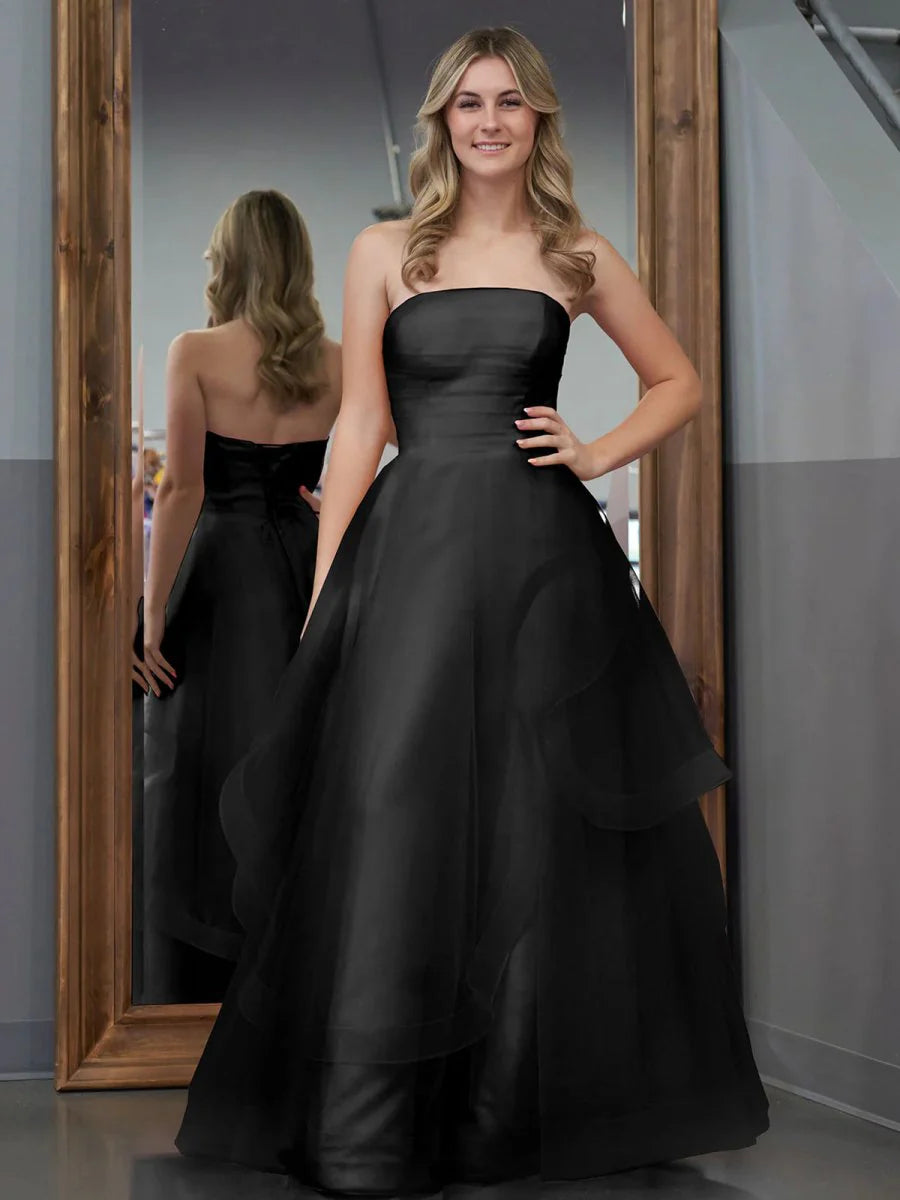 A Line Strapless Organza Fuchsia Floor Length Prom Dress For Women