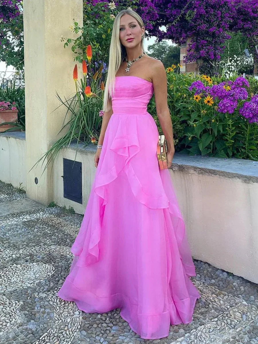 A Line Strapless Organza Fuchsia Floor Length Prom Dress For Women