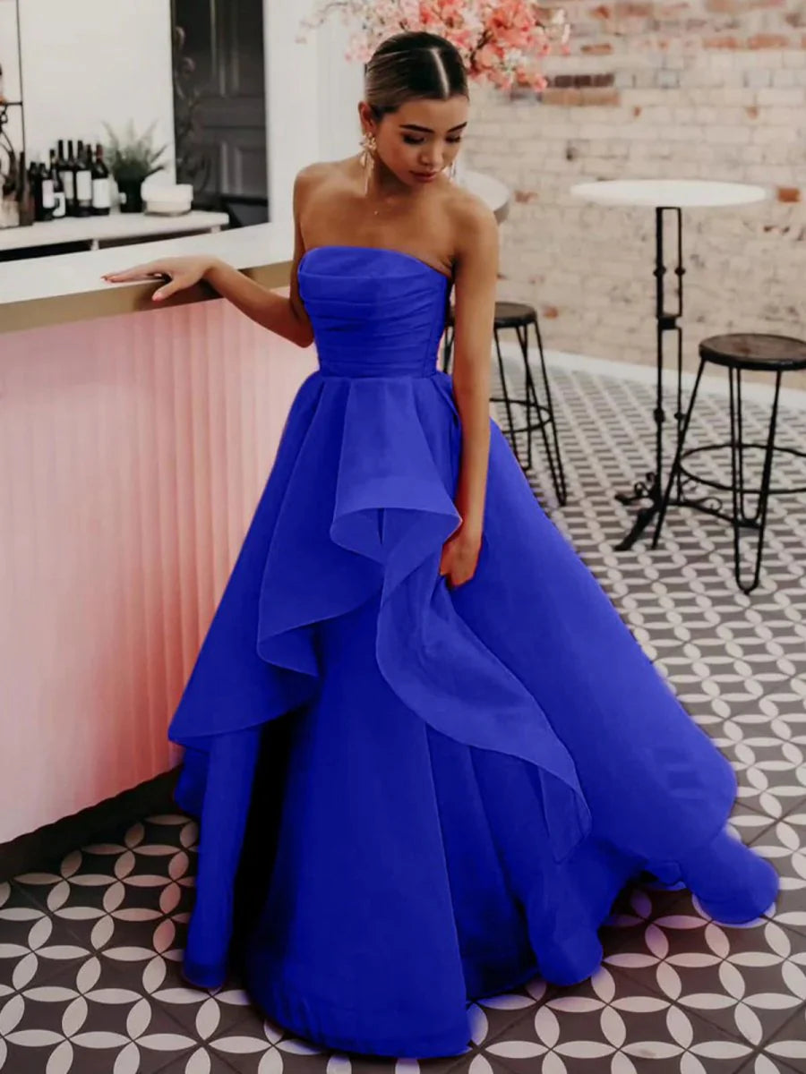 A Line Strapless Organza Fuchsia Floor Length Prom Dress For Women